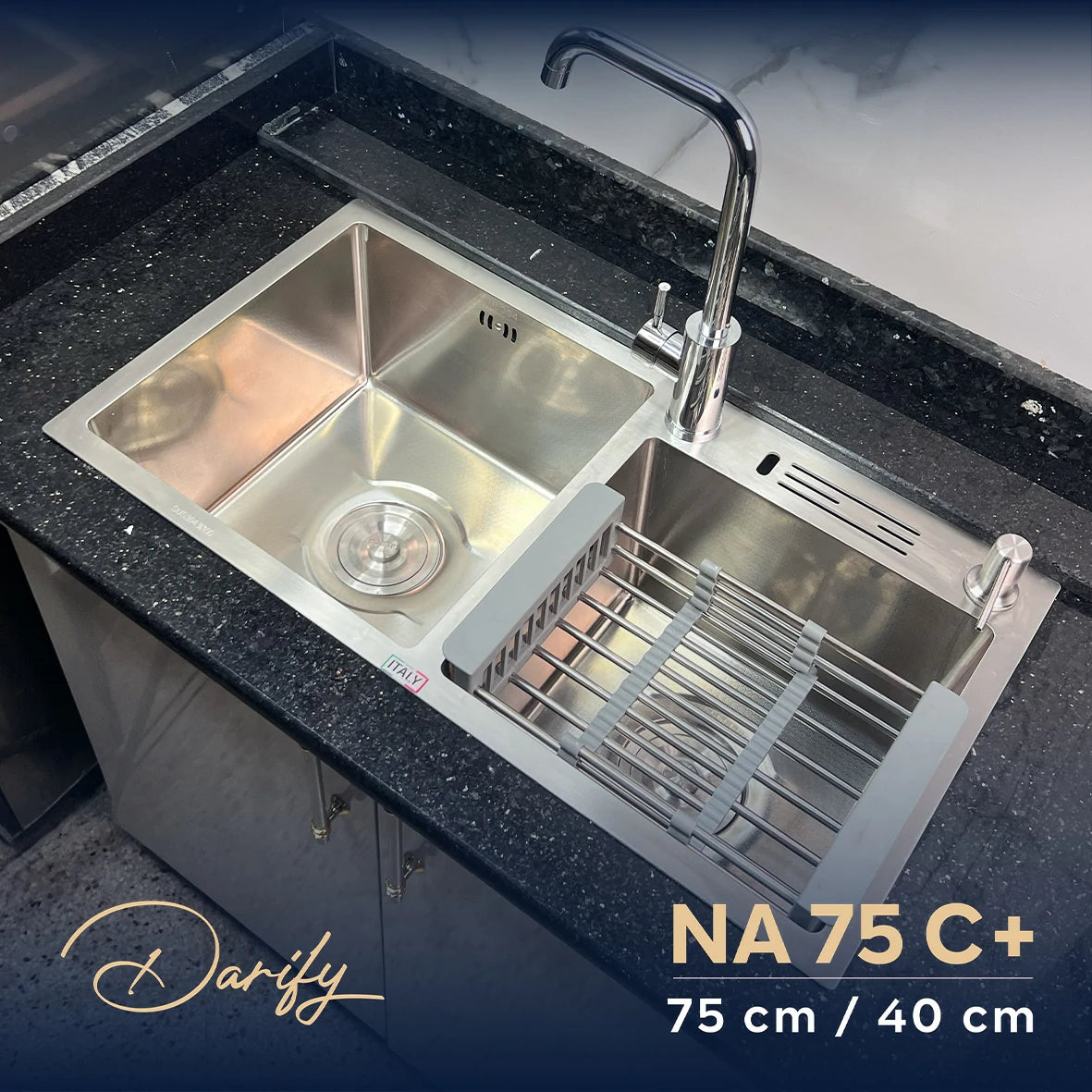 evier cuisine SWISS-INOX NA75C+ double bac 75/40 cm  / NANO + Roibinet 360